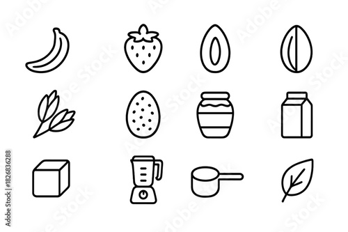 Shake Ingredients Line Icons. Shake ingredients. Line icon set of shake ingredients: banana, strawberry, almond, cocoa bean, oats, chia seed, honey jar, milk