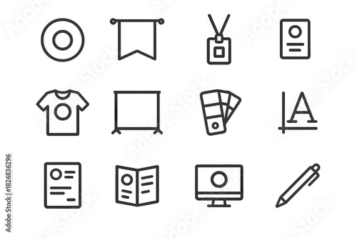 Event Branding Icons. Event branding. Line icon set of event branding: logo, banner, lanyard, badge, T-shirt, backdrop, color palette, typeface, design board,