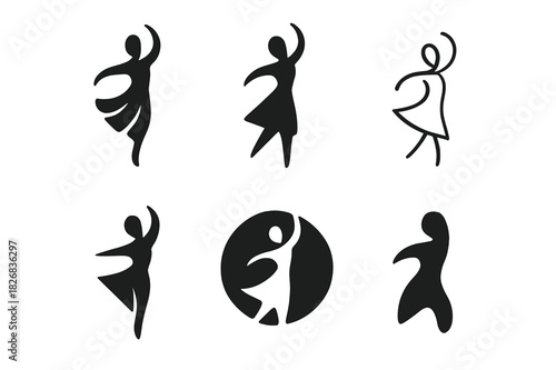 Performance Art Logos. Performance art. Icon set. Set Logo of performance art: dancer silhouette. harmonious logo variations of the same emblematic concept,
