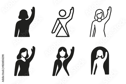 Women Leadership Icons. women in leadership. Icon set. Set Logo of women in leadership: raising hand in unity. harmonious logo variations of the same