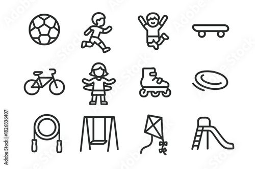 Youth Sports Icons. Youthful Sports. Line icon set of Youthful Sports: soccer ball, running child, jumping kid, skateboard, bicycle, hula hoop, roller skates,