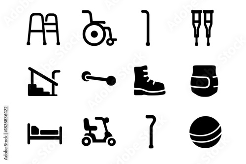 Senior Mobility Icons. Senior mobility. Solid icon set of Senior mobility: walker, wheelchair, cane, crutches, handrail, grab bar, orthopedic shoe, support