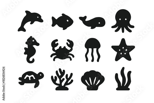 Marine Icon Grid. Marine Animals. Solid icon set of dolphin, fish, whale, octopus, seahorse, crab, jellyfish, starfish, turtle, coral, shell, seaweed. Filled