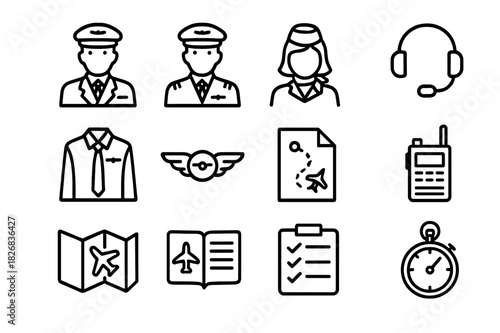 Air Crew Icons. Air Crew. Line icon set of Air Crew: pilot, co-pilot, flight attendant, headset, uniform, wings badge, flight plan, radio, map, logbook,