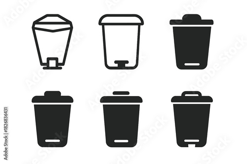 Trash Bin Icon Set. Trash Bin Lid. Icon set. Set Logo of Trash Bin Lid: Pedal Lid. harmonious logo variations of the same emblematic concept