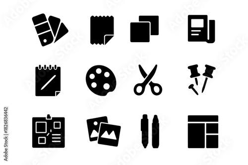 Creative Mood Boards. Creative mood boards. Solid icon set of Creative mood boards: color swatches, fabric sample, sticky notes, magazine cutouts, sketch pad,