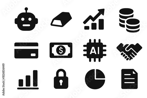 Wealth Management Icons. Wealth management AI. Solid icon set of wealth management AI: robot head, gold bar, chart arrow, coin stack, credit card, dollar bill,