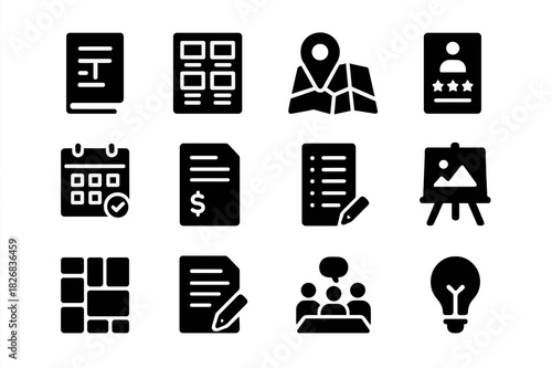 Pre-Production Icon Set. Pre-production. Solid icon set of pre-production: script, storyboard, location scout, casting call, production schedule, budget sheet,