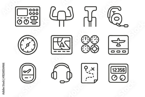 Cockpit Essentials Icons. Cockpit View. Line icon set of Cockpit View: control panel, control yoke, throttle, altimeter, GPS screen, instruments cluster,