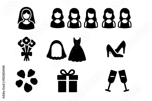 Bridesmaids Icon Grid. Bridesmaids gathering. Solid icon set of Bridesmaids gathering: bride, bridesmaid , bridesmaid , bridesmaid , bridesmaid , bouquet,