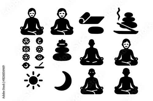 Meditative Icon Set. Meditative Posture. Solid icon set of person sitting cross-legged, lotus position, hands on knees, closed eyes, calm face, yoga mat,