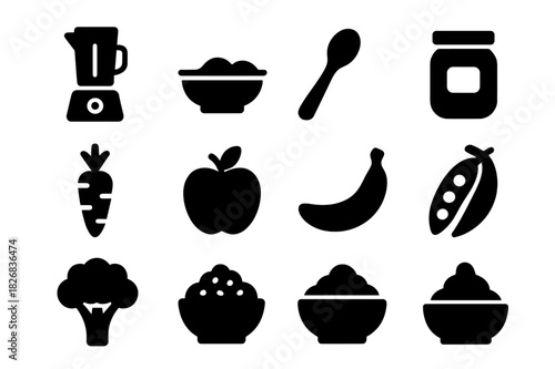 Baby Food Icons. Baby food preparation. Solid icon set of Baby food preparation: blender, baby bowl, spoon, jar, bottle, carrot, apple, banana, peas, broccoli,