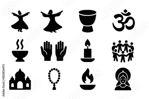 Sacred Dance Icons. Dance for religious and spiritual events. Solid icon set of dance for religious and spiritual events: dancer silhouette, flowing robes,