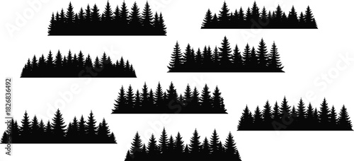 Pine forest silhouette landscape, set of seven nature panorama horizontal borders, coniferous wood vector icon
