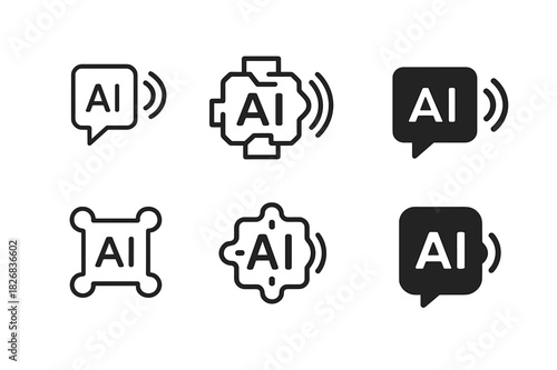 AI Logo Variations. AI integration in everyday life (smart homes, autonomous cars). Icon set. Set Logo of AI integration: voice assistant. harmonious logo