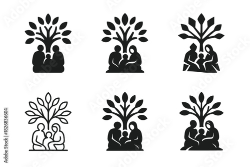 Hopeful Family Icons. Homeless family. Icon set. Set Logo of homeless family: tree of hope. harmonious logo variations of the same emblematic concept, each
