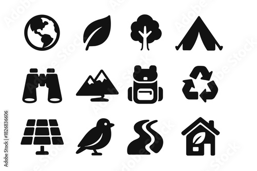 Eco-Tourism Icons. Eco-tourism and nature conservation. Solid icon set of eco-tourism and nature conservation: globe, leaf, tree, tent, binoculars, mountain,