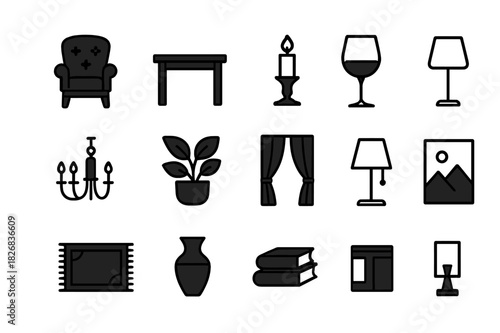 Sophisticated Dark Icons. Sophisticated Dark Atmosphere. Line icon set of Sophisticated Dark Atmosphere: black velvet chair, dark wood table, candle holder,