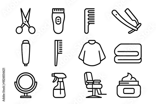 Barbering Icon Set. Barbering essentials. Line icon set of Barbering essentials: scissors, hair clipper, comb, razor, trimmer, hairbrush, barber cape, towel,