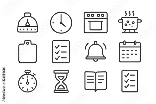 Cooking Time Icons. Cooking time management. Line icon set of cooking time management: kitchen timer, clock, stove, boiling pot, cutting board, to-do list,