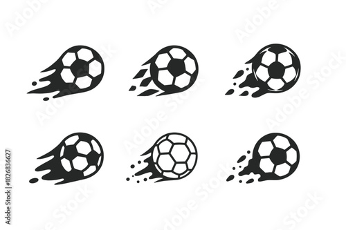 Dynamic Soccer Ball Logos. soccer ball in motion. Icon set. Set Logo of soccer ball in motion: kicked ball trajectory. harmonious logo variations of the same
