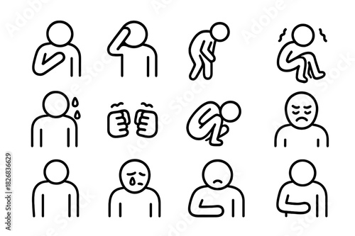 Medical Distress Icons. Medical distress. Line icon set of Medical distress: person gripping chest, hand on head, bent-over posture, trembling, sweat drops,
