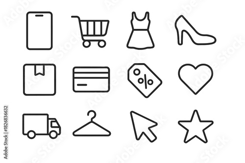 Online Fashion Icons. Fashion for all sizes. Line icon set of fashion for all sizes: dress, shirt, jeans, plus size mannequin, measuring tape, hanger, sewing