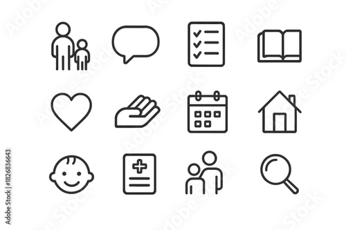 Parental Guidance Icons. Parental guidance. Line icon set of parental guidance: parent figure, speech bubble, checklist, book, heart, hand, calendar, home,