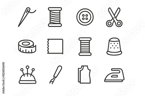 Sewing Essentials Icons. Sewing essentials. Line icon set of sewing essentials: needle, thread, button, scissors, tape measure, fabric, spool, thimble, pin