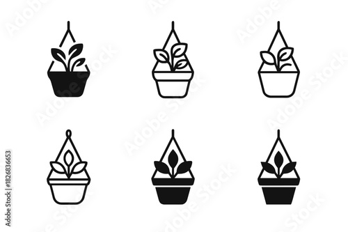 Potted Plant Logos. Potted plant. Icon set. Set Logo of potted plant: decorative pot with vine. harmonious logo variations of the same emblematic concept, each