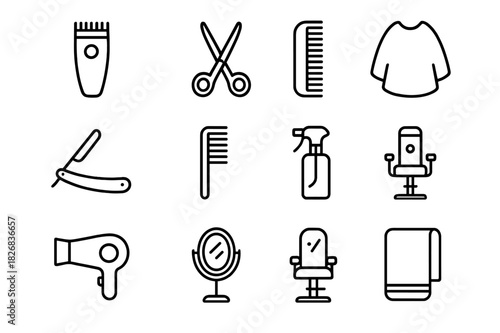 Haircut Tool Icons. Hair clipper and scissors. Line icon set of Hair clipper and scissors: hair clipper, scissors, comb, barber cape, razor, hairbrush, spray