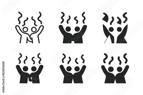 Celebration Icon Set. Shared celebration. Icon set. Set Logo of shared celebration: friends cheering with streamers. harmonious logo variations of the same