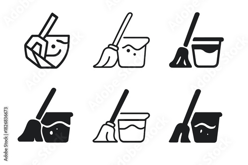 Mopping Icon Set. Mopping. Icon set. Set Logo of bucket with water. harmonious logo variations of the same emblematic concept (Abstract geometric, Minimal
