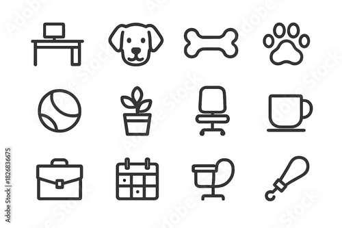 Office Dog Icons. Office dog. Line icon set of office dog: desk, computer, dog, bone, paw print, ball, plant, chair, coffee cup, briefcase, calendar, leash.
