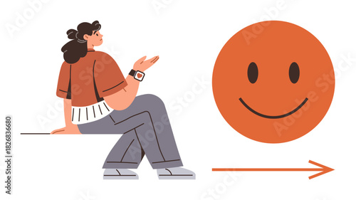 Woman sitting thoughtfully while gesturing towards a large smiling face and an arrow. Ideal for positivity, self-reflection, progress, mental health, motivation, decision-making, direction. Simple