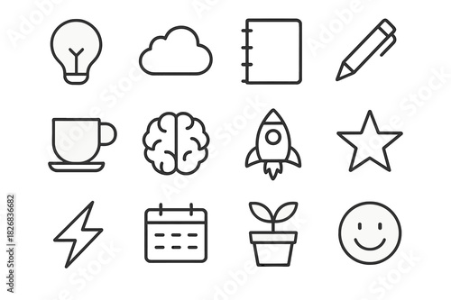 Inspiration Icons Set. Inspiration and ideas. Line icon set of inspiration and ideas: lightbulb, cloud, notebook, pen, coffee cup, brain, rocket, star,