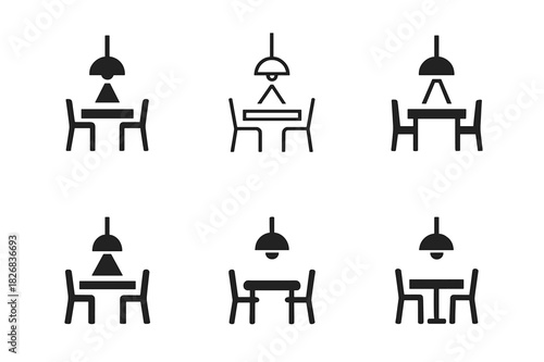 Modern Interior Logo Set. Interior design for modern homes. Icon set. Set Logo of interior design for modern homes: pendant light hanging above dining table.