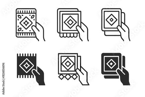 Living Room Rugs Icons. Choosing rugs for a living room. Icon set. Set Logo of choosing rugs for a living room: sample swatches. harmonious logo variations of
