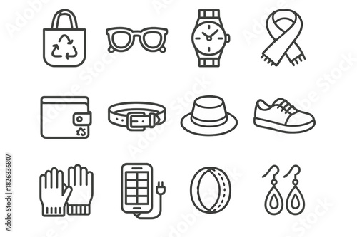 Eco Accessory Icons. Eco accessories. Line icon set of Eco accessories: reusable bag, bamboo sunglasses, wooden watch, plant-dyed scarf, recycled fabric