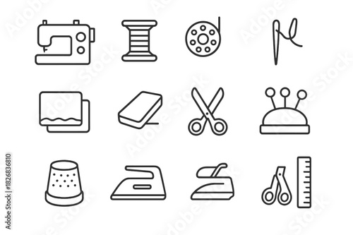 Sewing Machine Icons. Sewing machine setup. Line icon set of sewing machine setup: sewing machine, spool, bobbin, needle, thread guide, fabric,