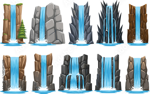 Set of cartoon waterfall illustrations cascading down natural brown and gray rocky cliffs, high mountains, 