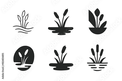 Waterfront Habitat Icons. Waterfront habitats and marshlands. Icon set. Set Logo of waterfront habitats and marshlands: marsh with reeds. harmonious logo