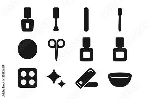 Nail Care Essentials. Nail polish tools. Solid icon set of nail polish tools: nail polish bottle, brush, nail file, cuticle pusher, cotton pad, scissors, base
