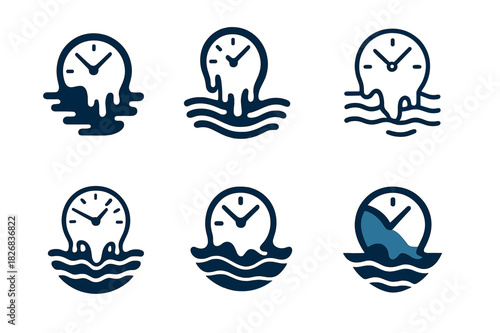 Surreal Climate Icons. Climate change visualizations in surreal art. Icon set. Set Logo of climate change visualizations in surreal art: polar bear on iceberg.