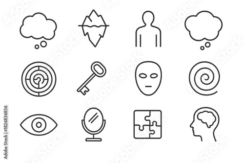 Subconscious Symbols Icons. Subconscious Symbols. Line icon set of Subconscious Symbols: dream cloud, iceberg, shadow figure, thought bubble, labyrinth, key,