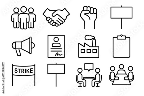 Workers United Icons. Workers United. Line icon set of Workers United: group of people, handshake, raised fist, protest sign, megaphone, contract, factory