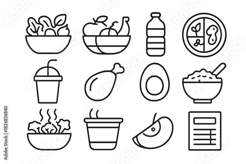 Healthy Eating Icons. Healthy eating. Line icon set of healthy eating: salad bowl, fruit basket, water bottle, balanced plate, smoothie cup, grilled chicken,