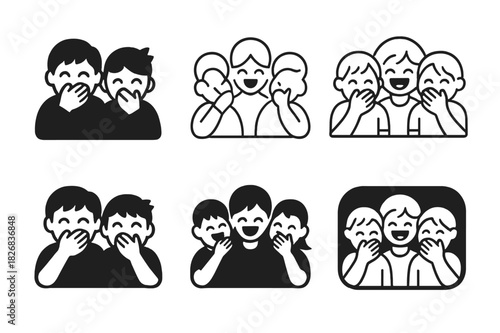Laughing Kids Logo Set. group of kids laughing. Icon set. Set Logo of group of kids laughing: hands over mouths with giggles. harmonious logo variations of the