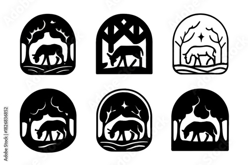 Unicorn Forest Logos. A unicorn grazing in a magical forest. Icon set. Set Logo of enchanted forest scene. harmonious logo variations of the same emblematic
