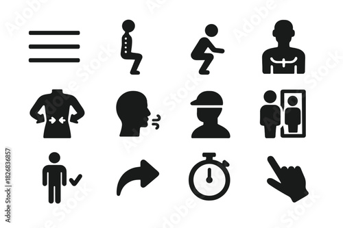 Fitness Icons Set. Fitness Form. Solid icon set of Fitness Form: alignment line, straight spine, knee bend, shoulder line, core tight icon, breathing symbol,